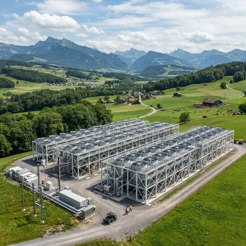 A direct air capture facility set against green Swiss countryside